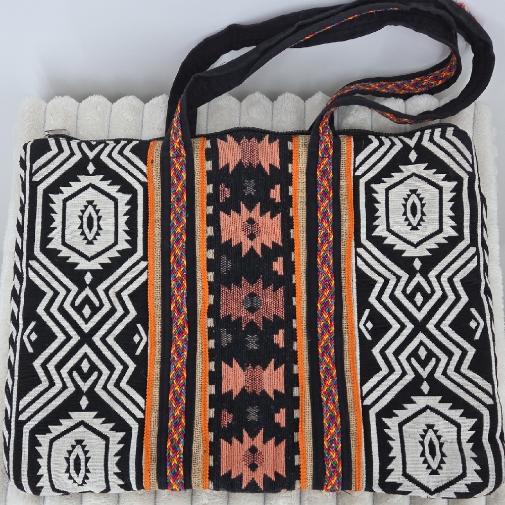 Handwoven Black & Pink Geometric Tote Bag with Orange Accents